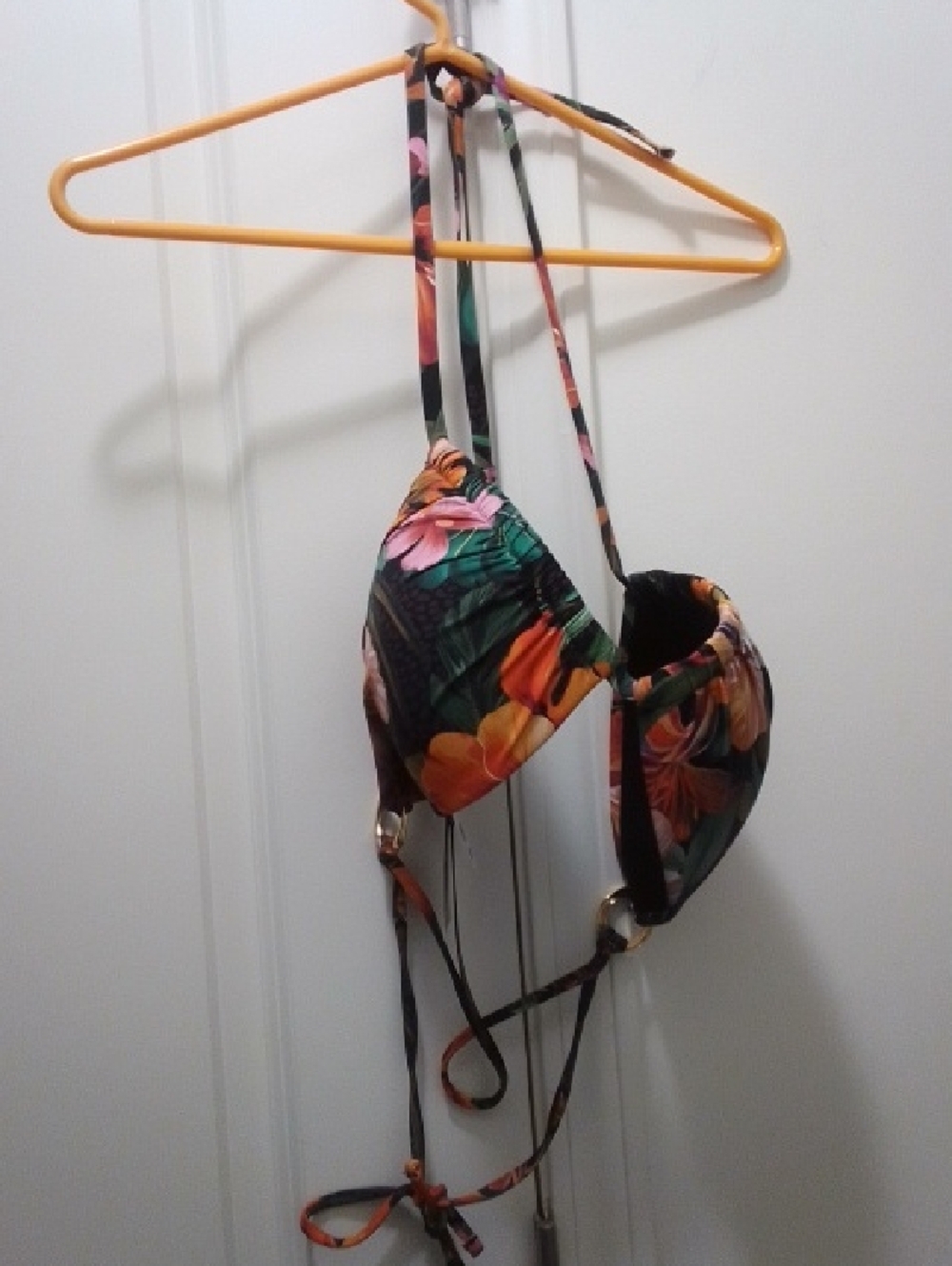 La Blanca Black Floral Halter Bikini Top with Orange and Pink Blooms